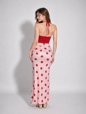 TANDUL Women Pastel Pink Strawberry Bodycon Maxi Skirt