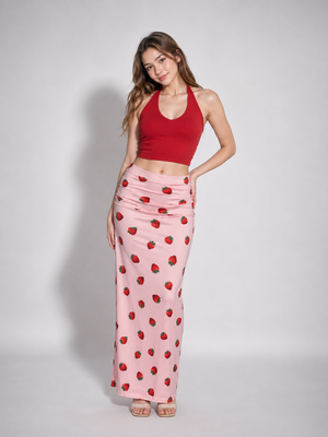 TANDUL Women Pastel Pink Strawberry Bodycon Maxi Skirt