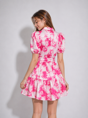 TANDUL Women's Fuchsia Pink Tie-Dye Puff Sleeve Mini Shirt Dress