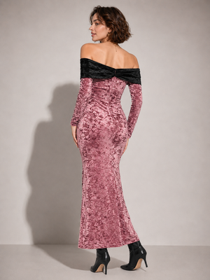 TANDUL Women Rose Gold Velvet Off-Shoulder Maxi Dress