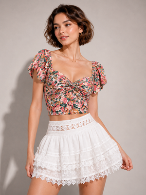 TANDUL Women Vintage Floral Print Sweetheart Crop Top