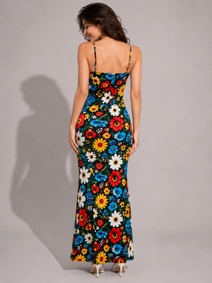 TANDUL Women Retro Multicolor Daisy Print Maxi Dress
