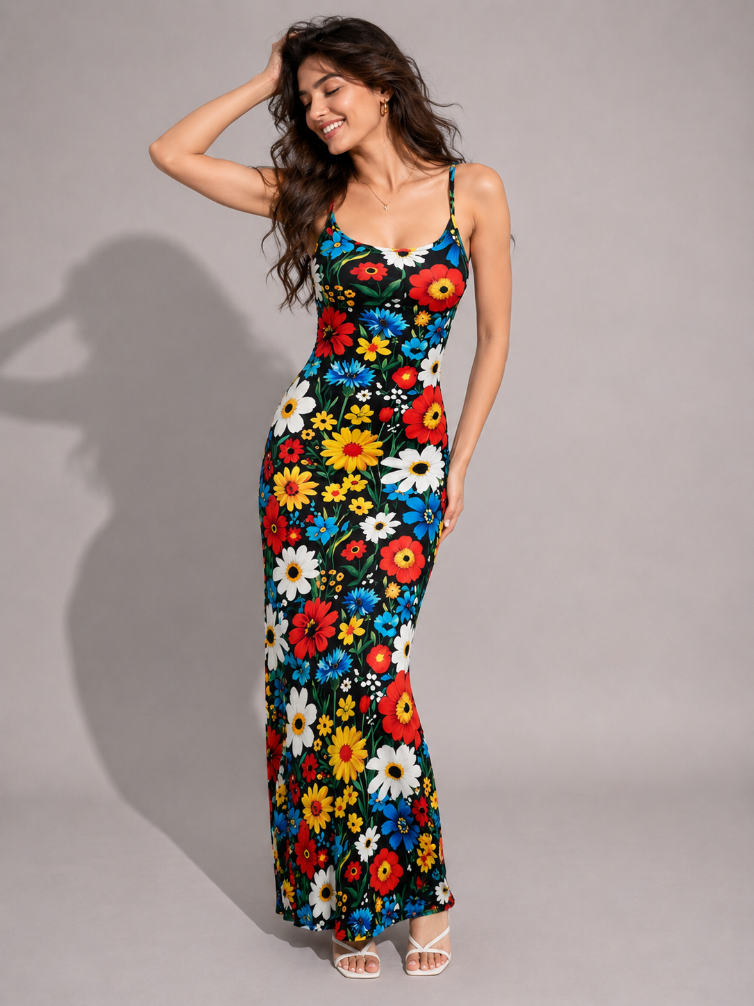 TANDUL Women Retro Multicolor Daisy Print Maxi Dress