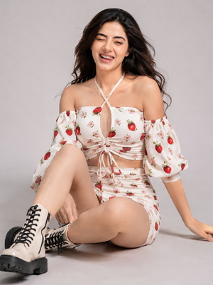 TANDUL Women Cute Strawberry Off-Shoulder Co-Ord Set