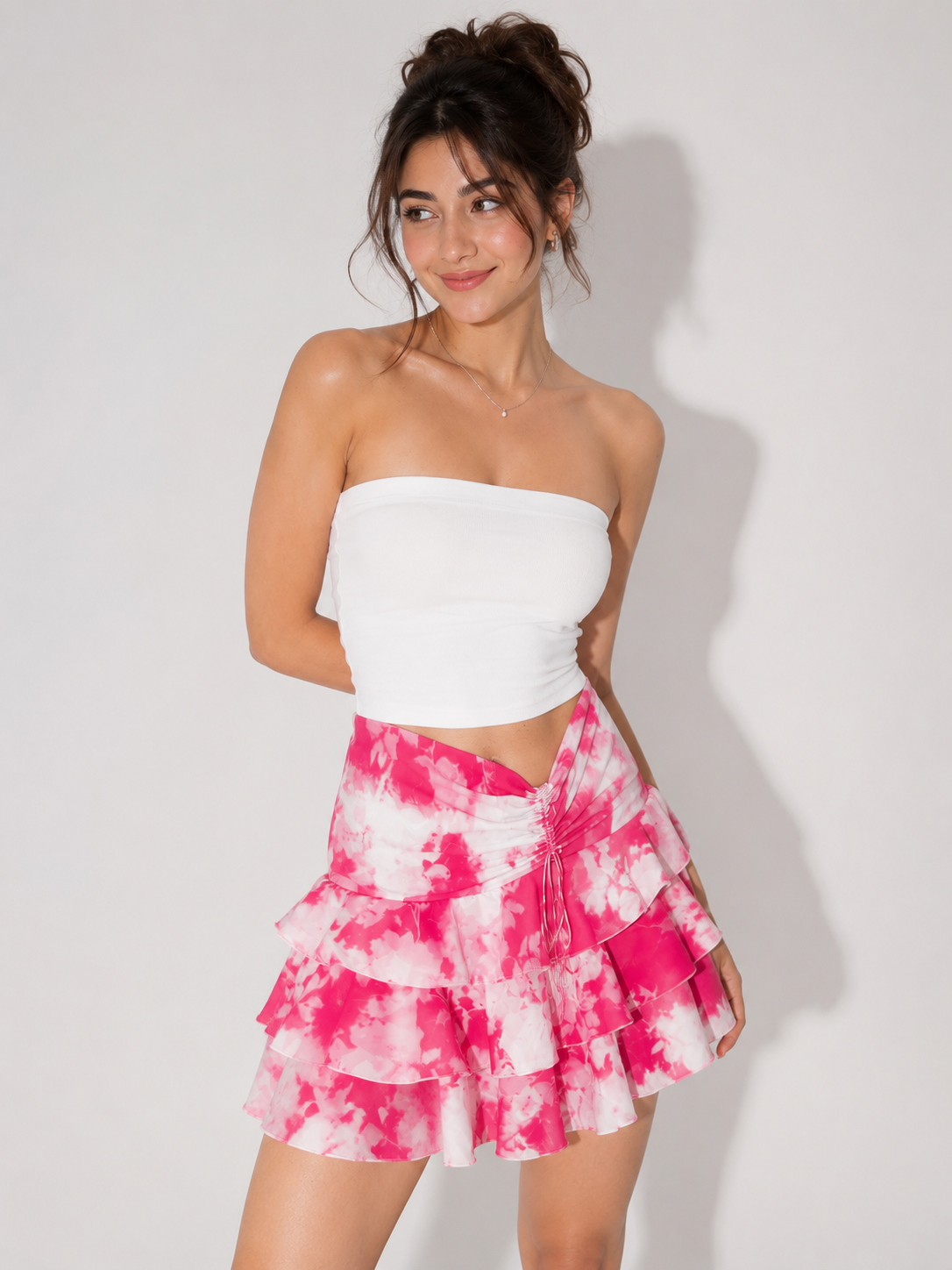 TANDUL Women Fuchsia Pink Tie-Dye Ruffle Mini Skirt