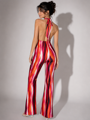 TANDUL Women Retro Abstract Streak Halter Neck Flared Jumpsuit