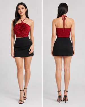 TANDUL Women Red Rose Petal Layered Evening Halter Top