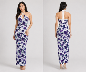 TANDUL Women Purple Floral Cross-Neck Halter Maxi Dress