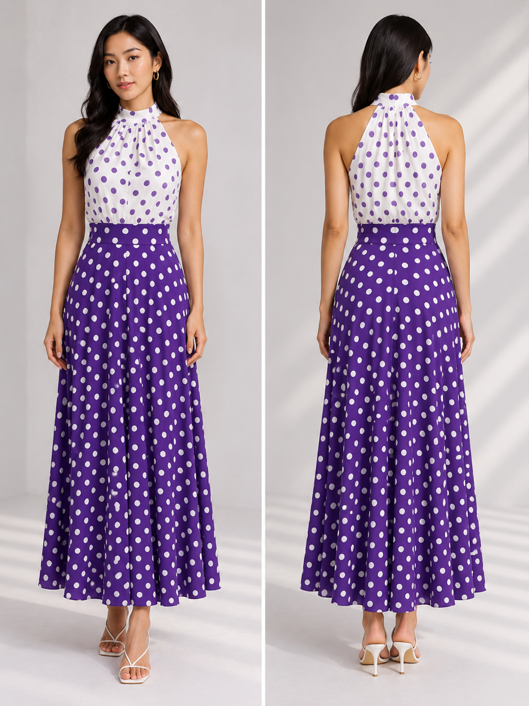 TANDUL Women Retro Purple Polka Dot High-Neck Halter Dress