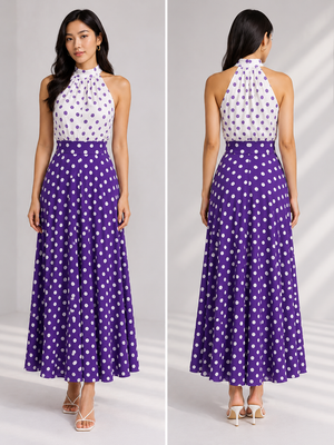 TANDUL Women Retro Purple Polka Dot High-Neck Halter Dress
