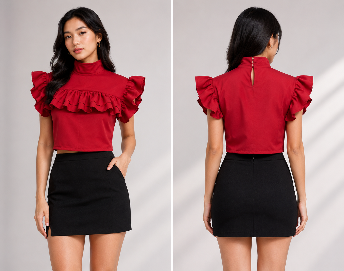 TANDUL Women Red High-Neck Ruffle Crop Top