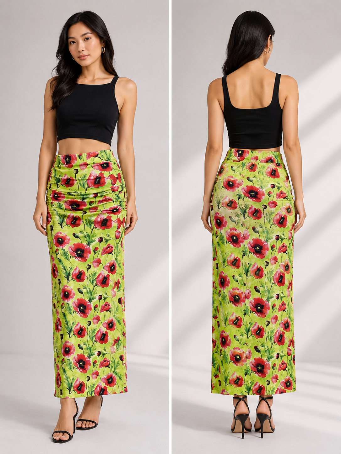 TANDUL Women Vibrant Lime & Red Floral Ruched Maxi Skirt