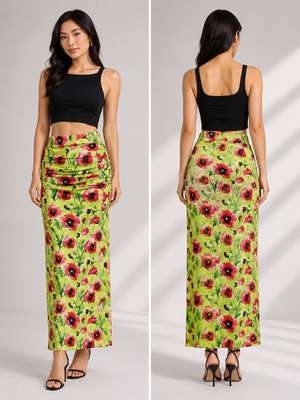 TANDUL Women Vibrant Lime & Red Floral Ruched Maxi Skirt