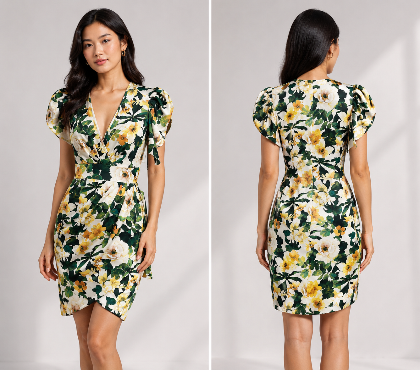 TANDUL Women Green and Yellow Floral Puff-Sleeve Mini Dress