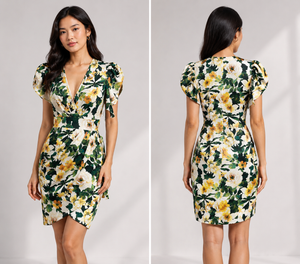 TANDUL Women Green and Yellow Floral Puff-Sleeve Mini Dress