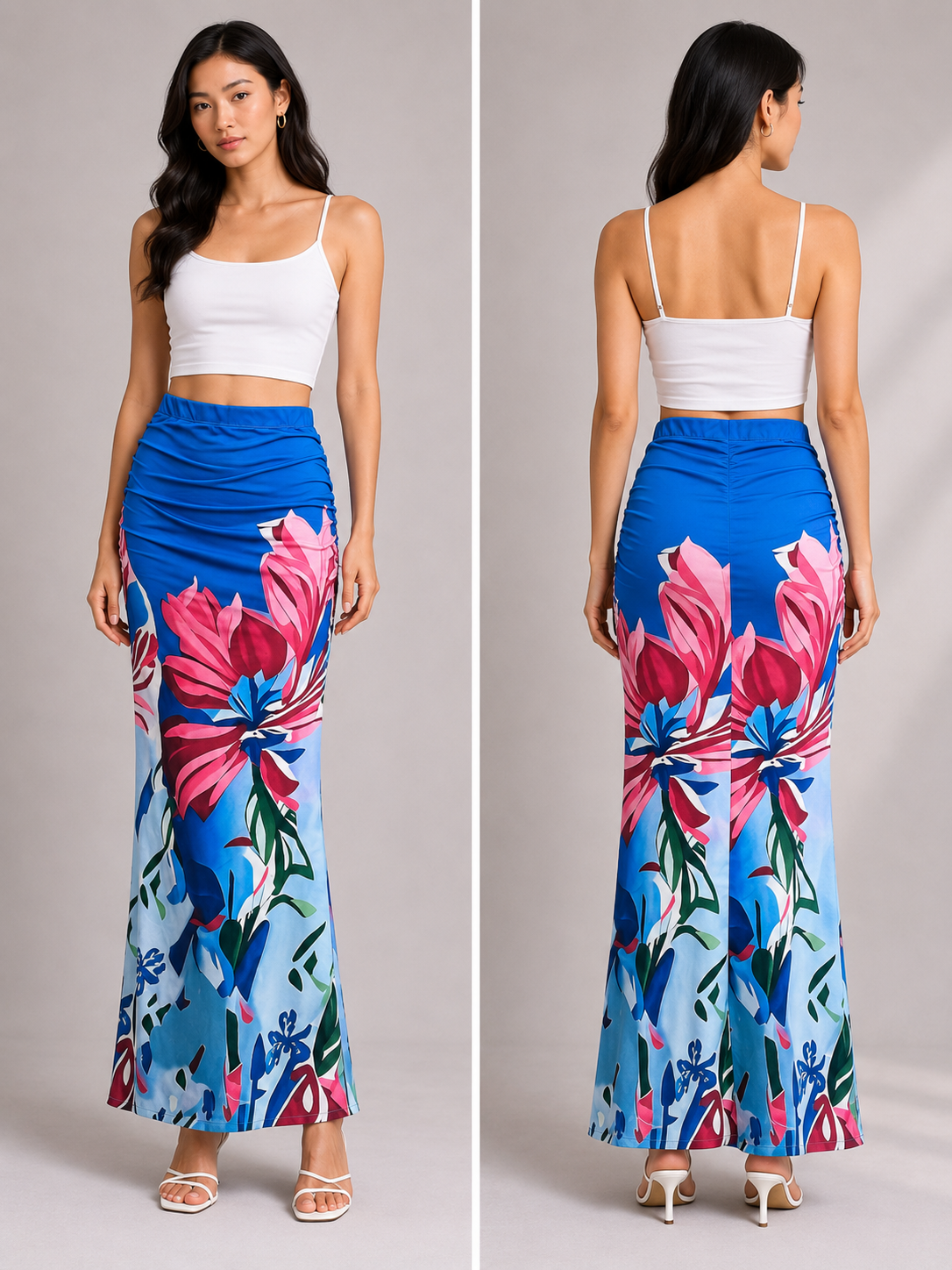 TANDUL Women Vibrant Blue & Pink Floral Ruched Maxi Skirt