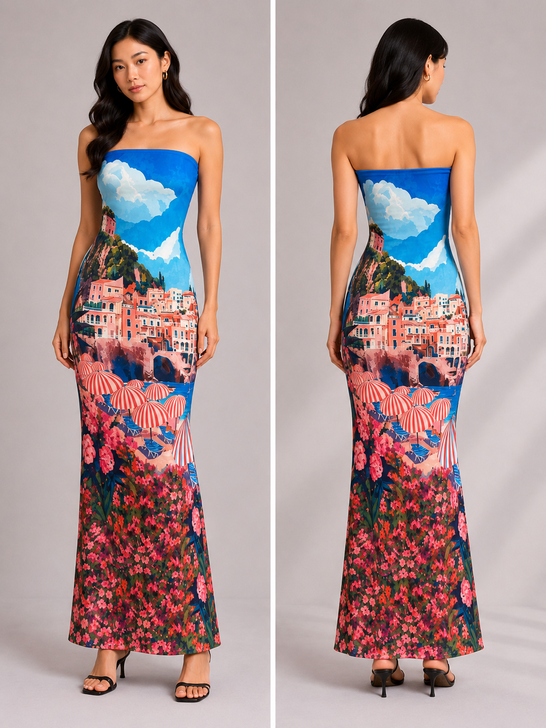 TANDUL Women Amalfi Coast Landscape Strapless Maxi Dress