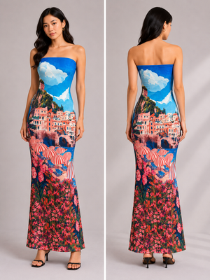 TANDUL Women Amalfi Coast Landscape Strapless Maxi Dress