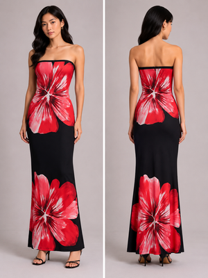 TANDUL Women Crimson Hibiscus Statement Tube Dress