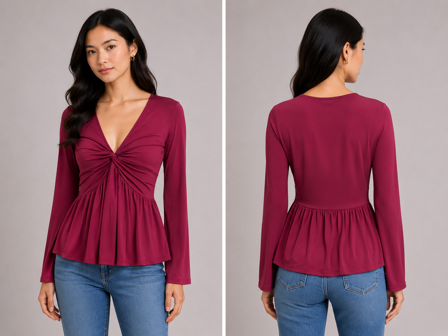 TANDUL Women Burgundy Twist-Front Peplum Top