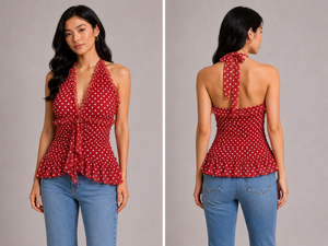 TANDUL Women Vintage-Inspired Red Polka Dot Halter Top