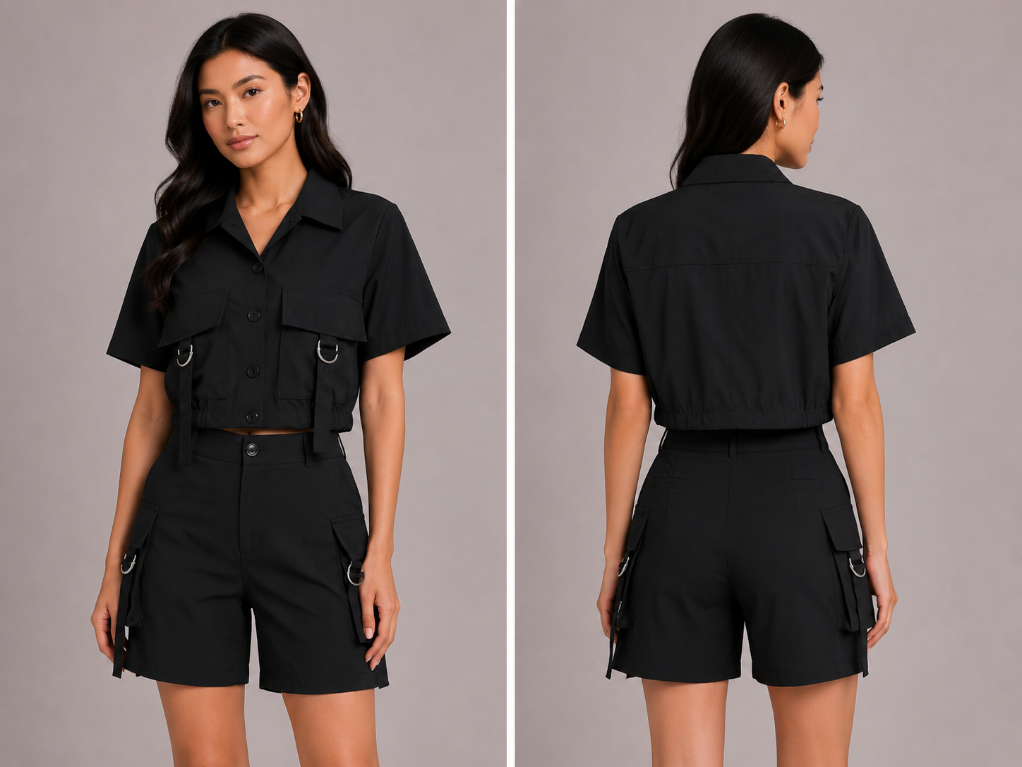 TANDUL Women Short Sleeve Button-Down Crop Top and Cargo Shorts Co-ord