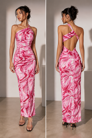 TANDUL Women’s Pink Abstract Swirl One-Shoulder Maxi Dress