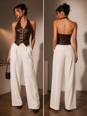 TANDUL Women’s Deep Brown Faux Leather Halter Waistcoat Top