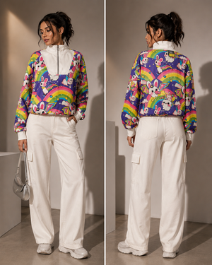 TANDUL Women’s Colorful Rainbow & Bat-Bunny Printed Cropped Sweatshirt