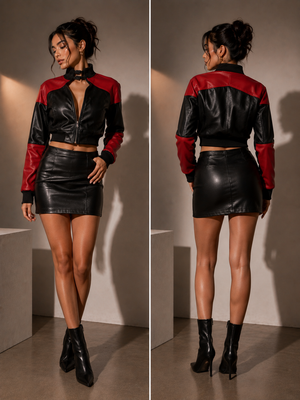TANDUL Women’s Harley Quinn Inspired Red and Black Faux Leather Jacket