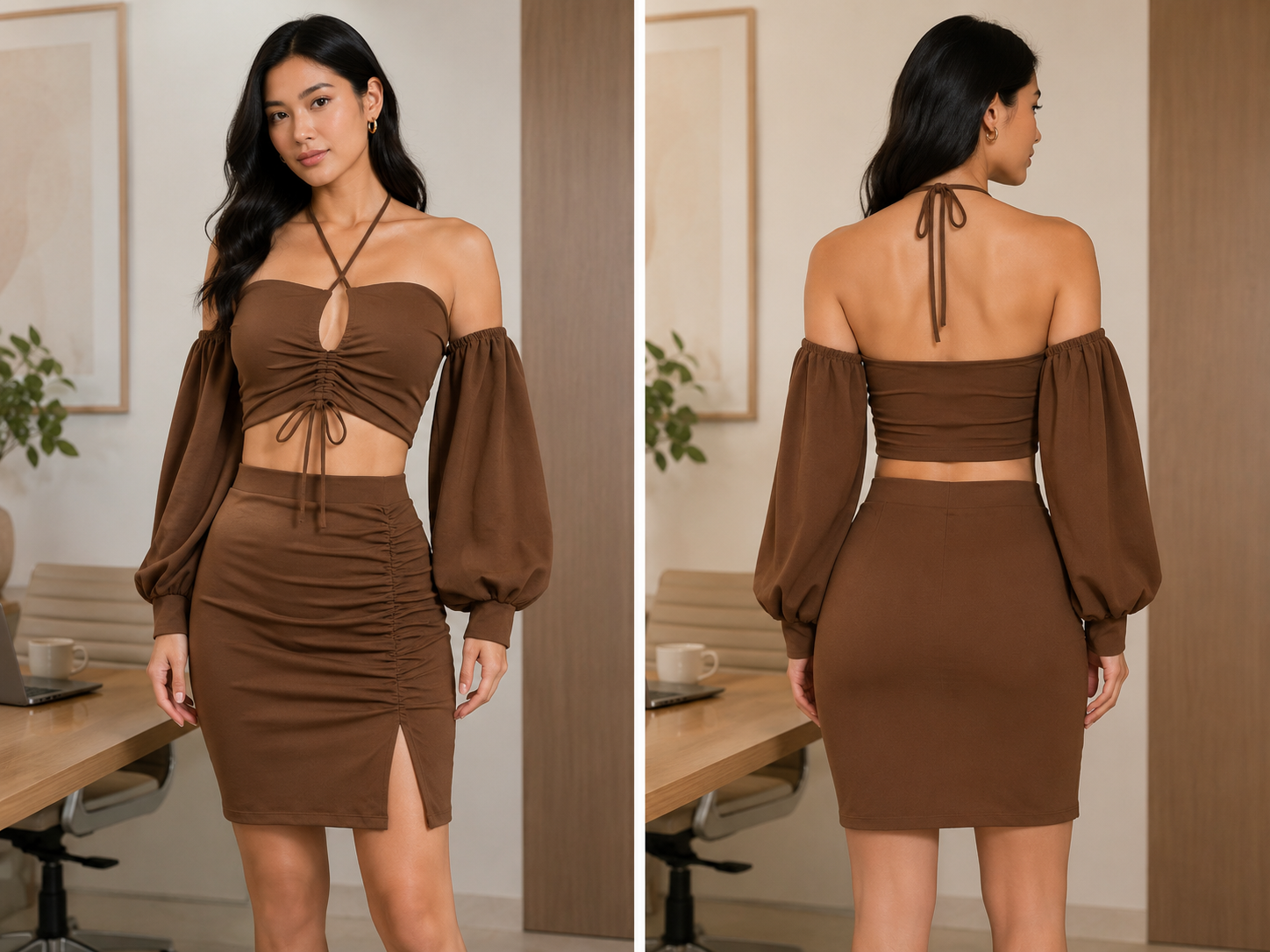 TANDUL Women Off-Shoulder Halter Crop Top and Mini Skirt Co-ord