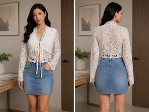 TANDIUL Women Coquette White Sheer Lace Cropped Top
