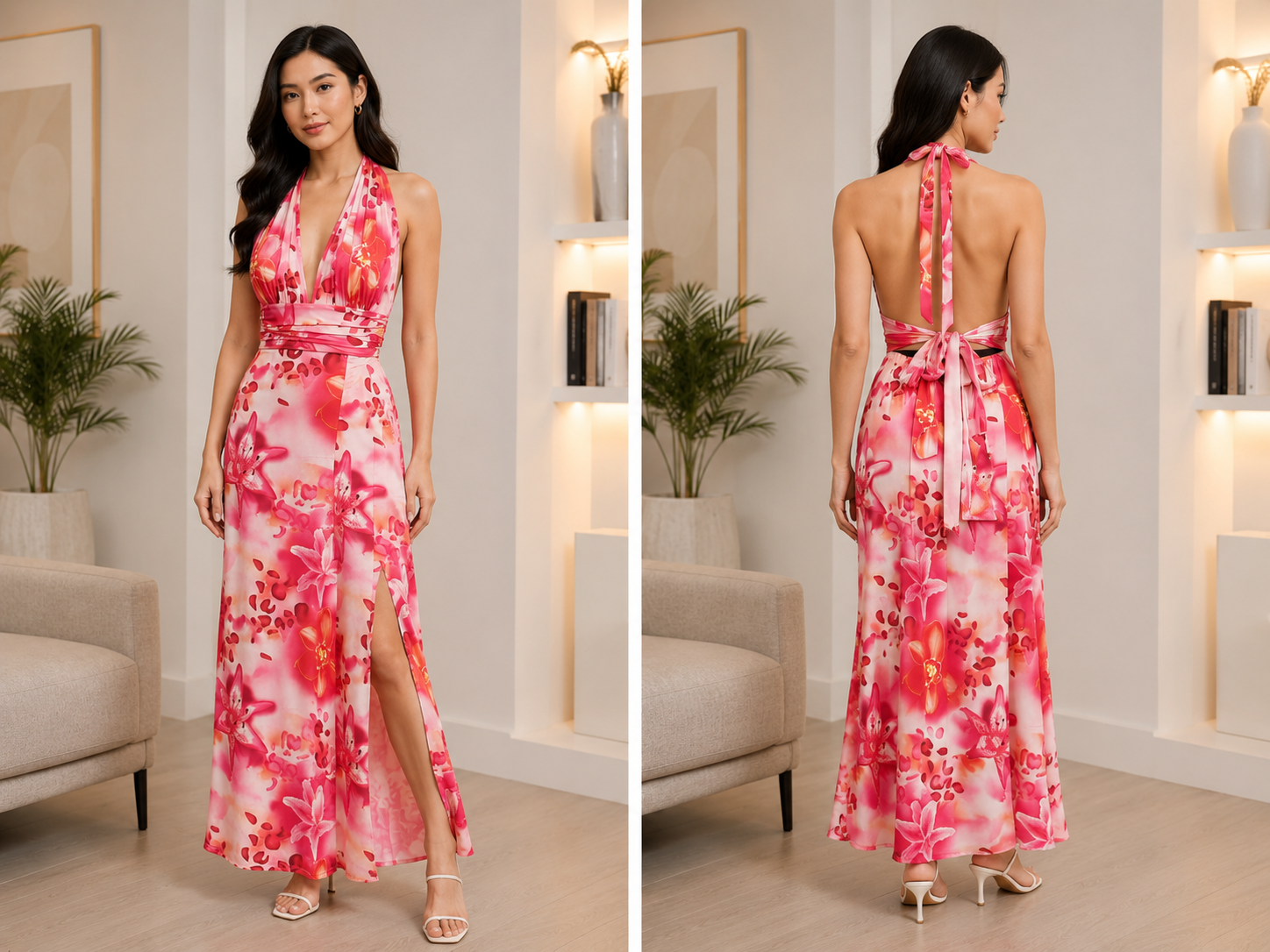 TANDUL Women Tropical Pink Floral Halter Maxi Dress