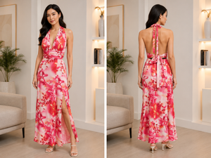 TANDUL Women Tropical Pink Floral Halter Maxi Dress