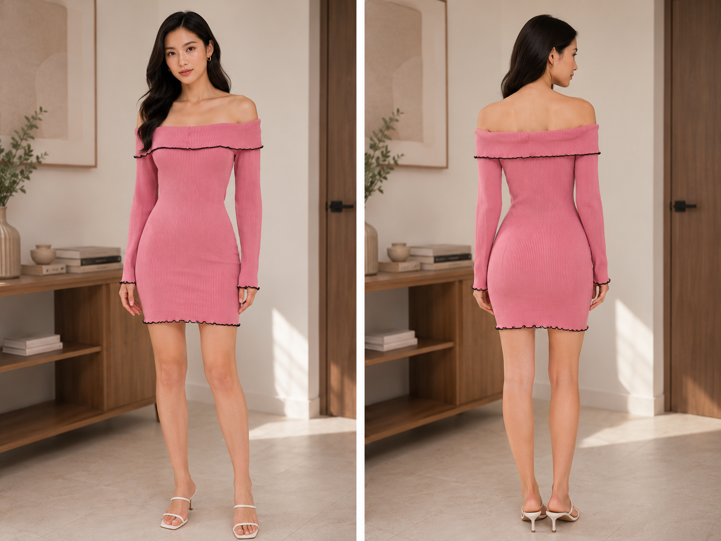TANDUL Women Pink Off-the-Shoulder Ribbed Mini Dress