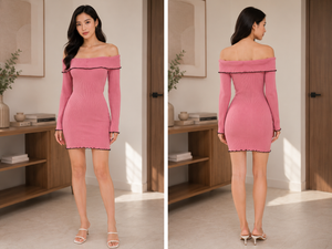 TANDUL Women Pink Off-the-Shoulder Ribbed Mini Dress