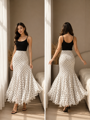 Georgette black polka flared skirt