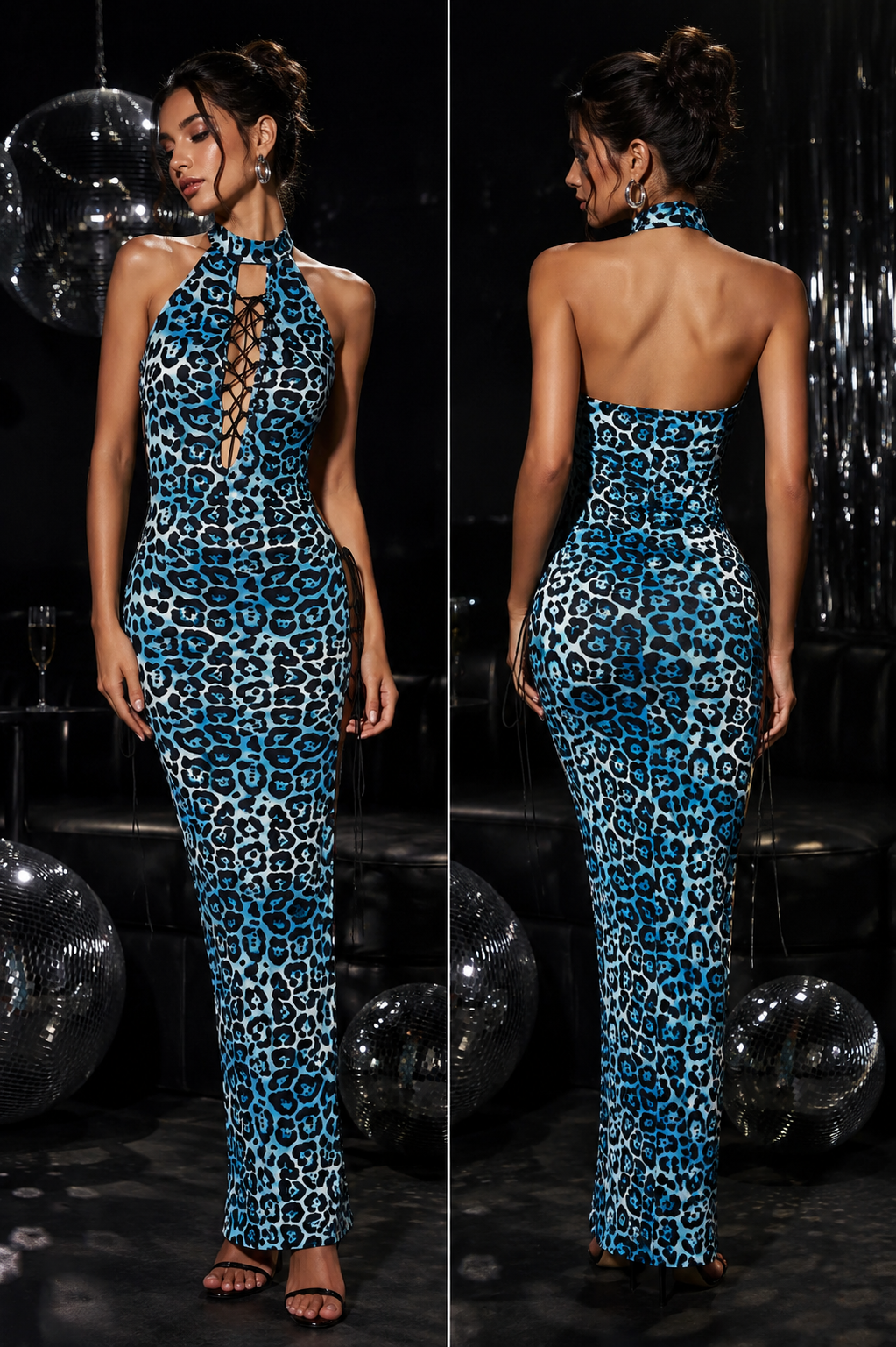 TANDUL Women Blue Leopard Print Halter Neck Lace-Up Maxi Dress