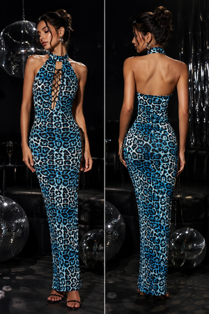 TANDUL Women Blue Leopard Print Halter Neck Lace-Up Maxi Dress