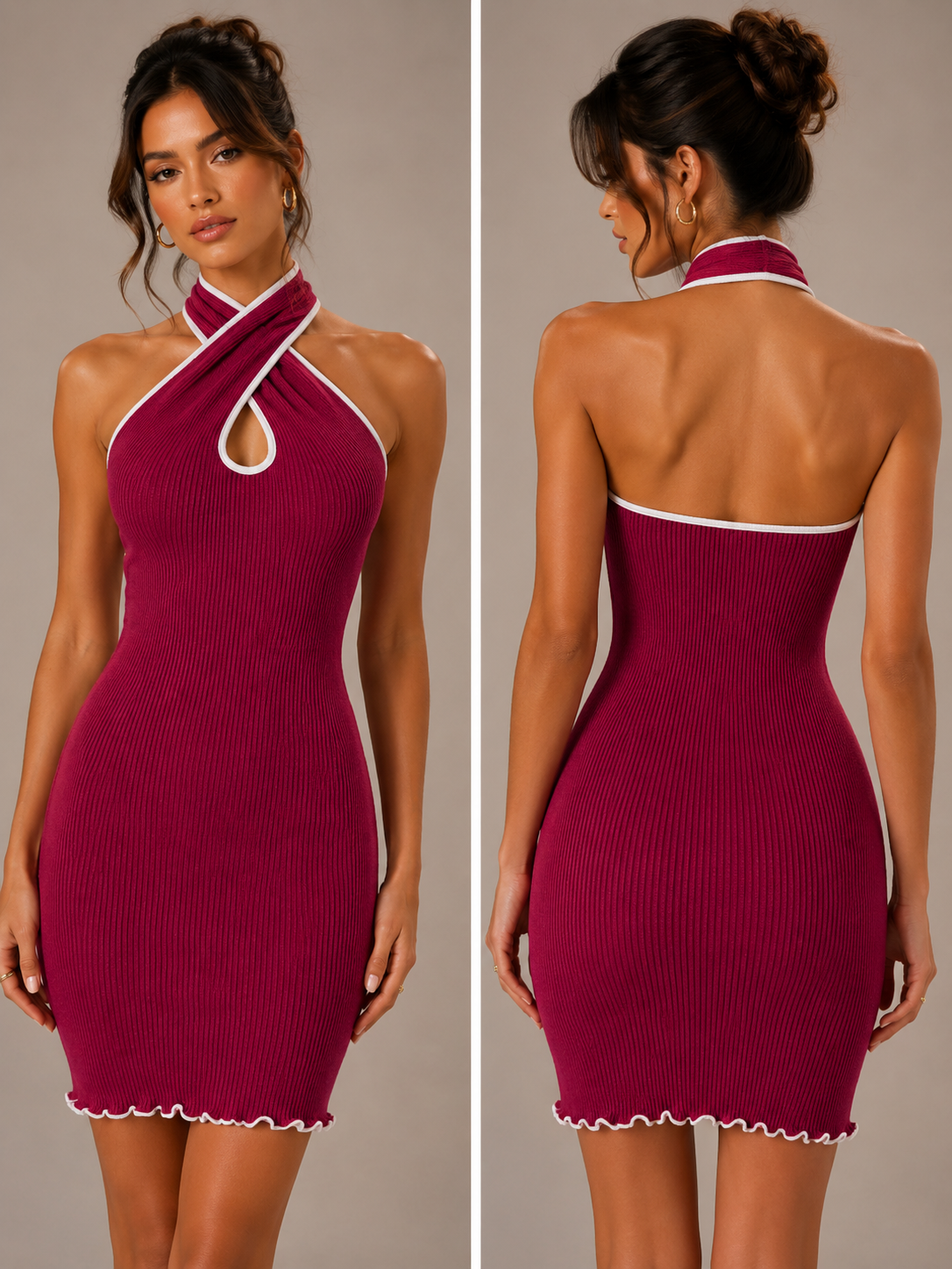 TANDUL Women Elegant Keyhole Neck Fuchsia Pink Dress