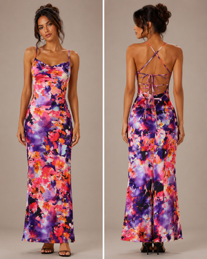 TANDUL Women Stunning Floral Backless Velvet Printed Dress