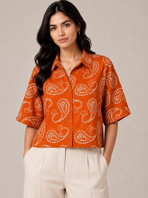 TANDUL Women Striking Orange Paisley Printed Shirt