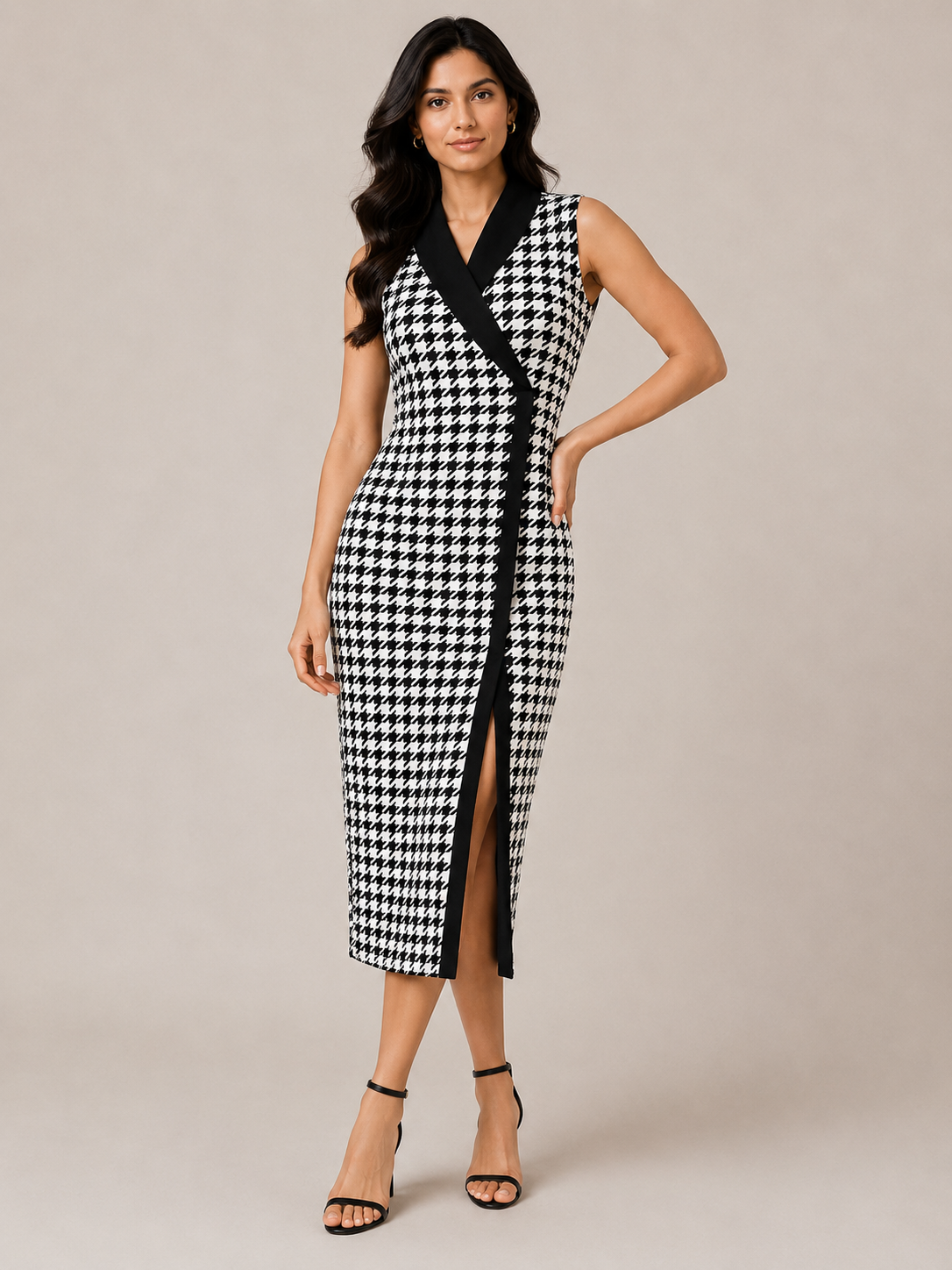 TANDUL Women Elegant Black and White Checkered Calf Length Dress