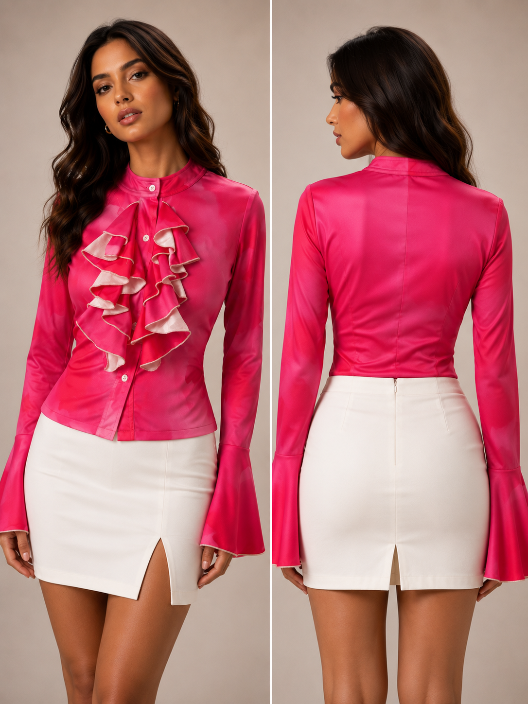 TANDUL Women Pink Tie-Dye Ruffle Button-Down Top with Bell Sleeves