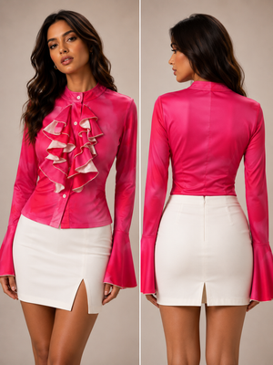 TANDUL Women Pink Tie-Dye Ruffle Button-Down Top with Bell Sleeves