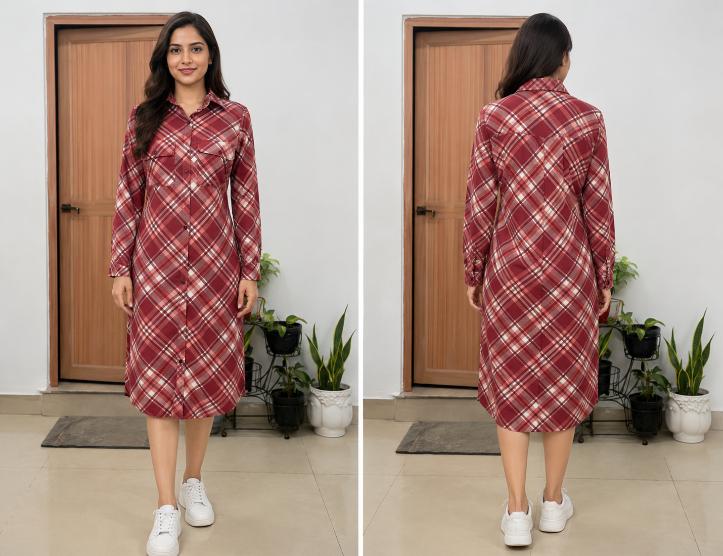 TANDUL Women Plaid Printed Button-Down Midi Shirt Dress