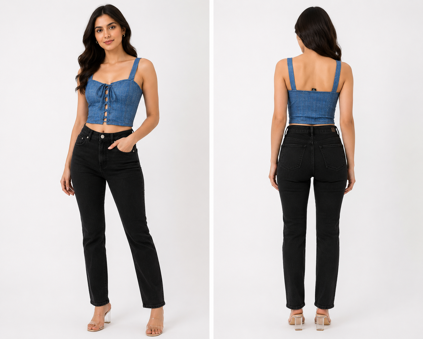 TANDUL Women Denim-Printed Front Detailed Crop Top