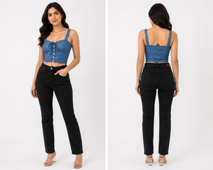 TANDUL Women Denim-Printed Front Detailed Crop Top