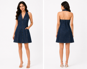 TANDUL Women Halter-Neck Button-Up Denim Mini Dress