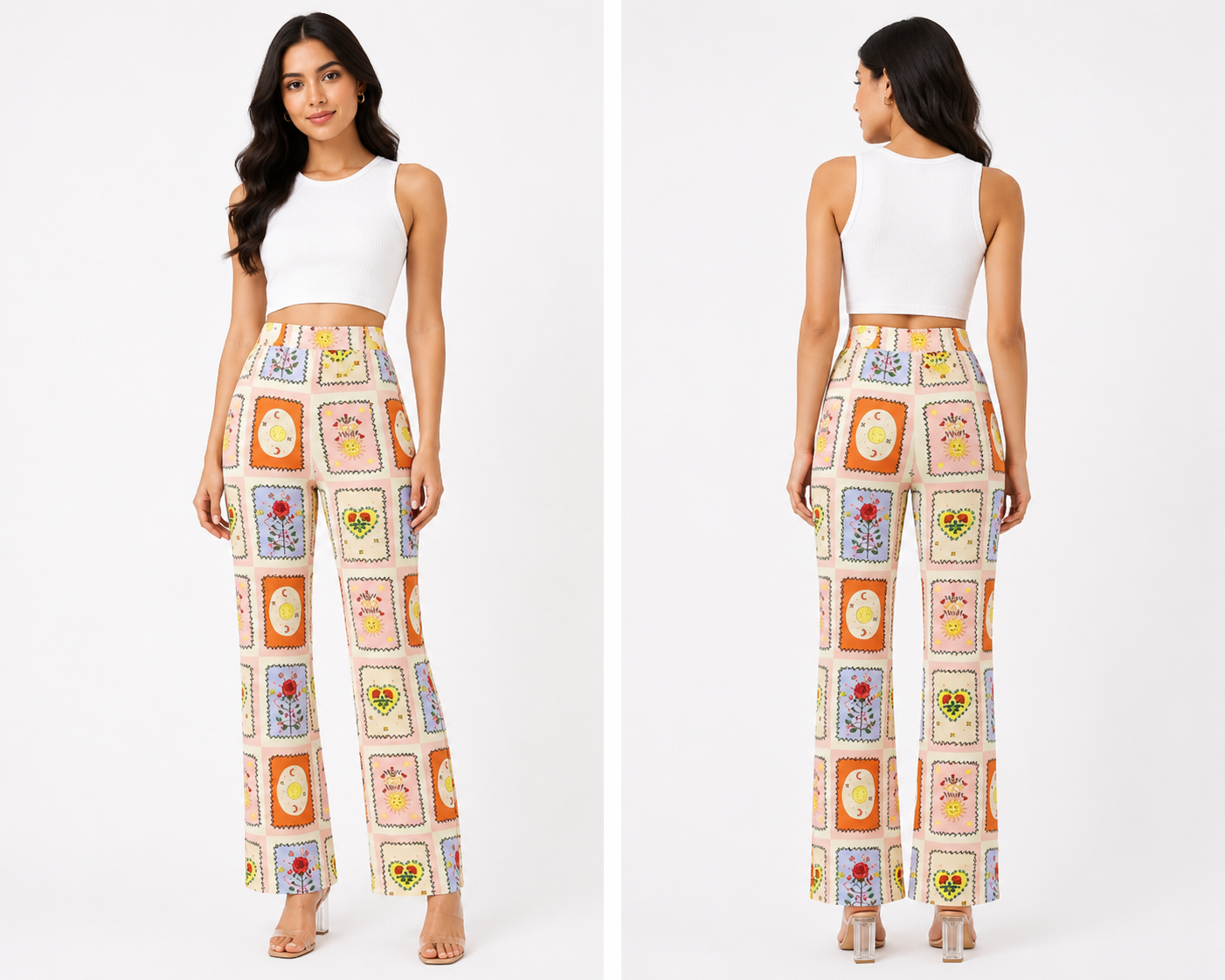 TANMDUL Women Tarot Card Print Wide-Leg Flare Trouser